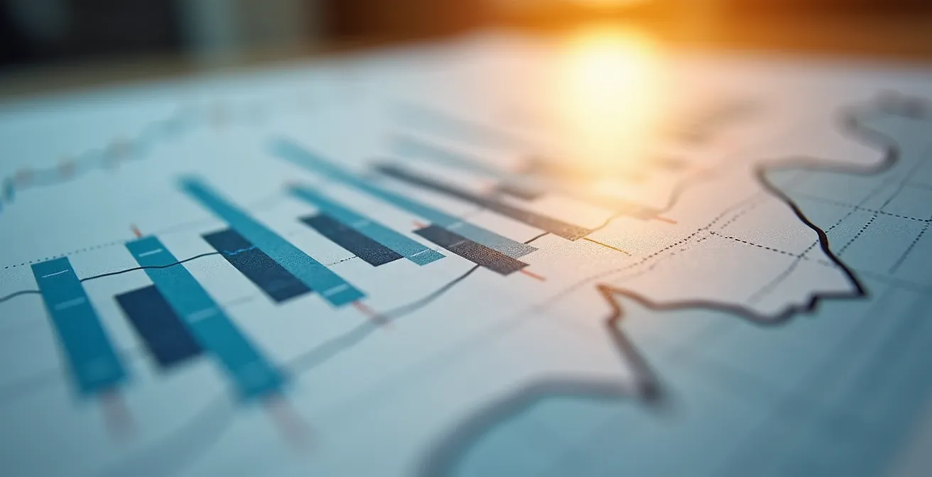 Vista macro de gráficos financieros con tendencias ascendentes y descendentes en papel
