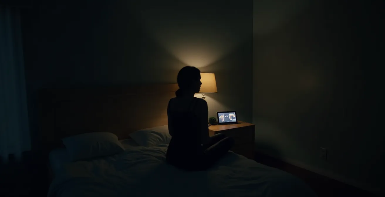 Persona despierta de noche mirando preocupada documentos financieros iluminados por lámpara