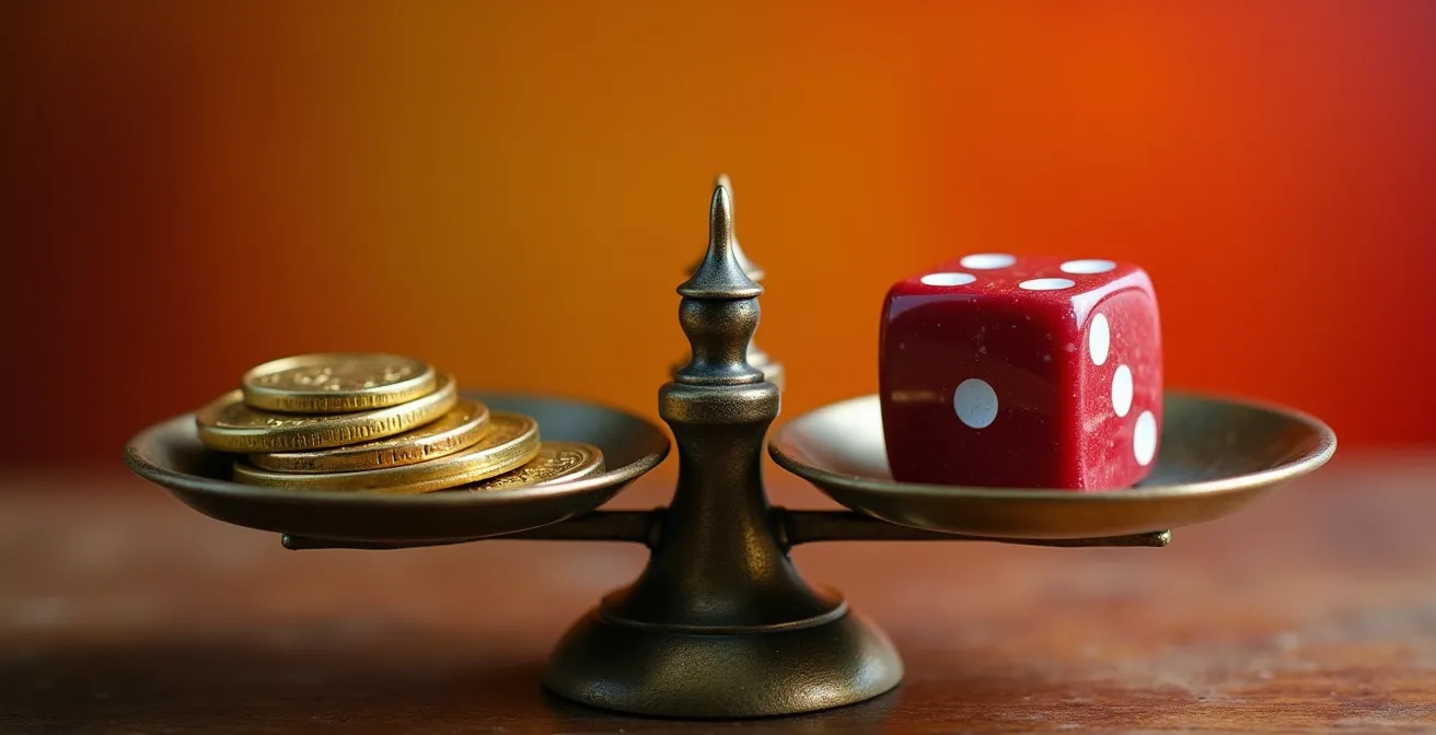 Balanza equilibrada con monedas doradas y dados rojos simbolizando riesgo versus rentabilidad