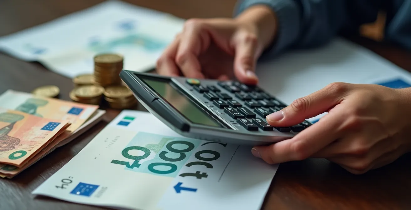Manos sosteniendo calculadora con monedas y billetes euros sobre mesa, documentos desenfocados al fondo