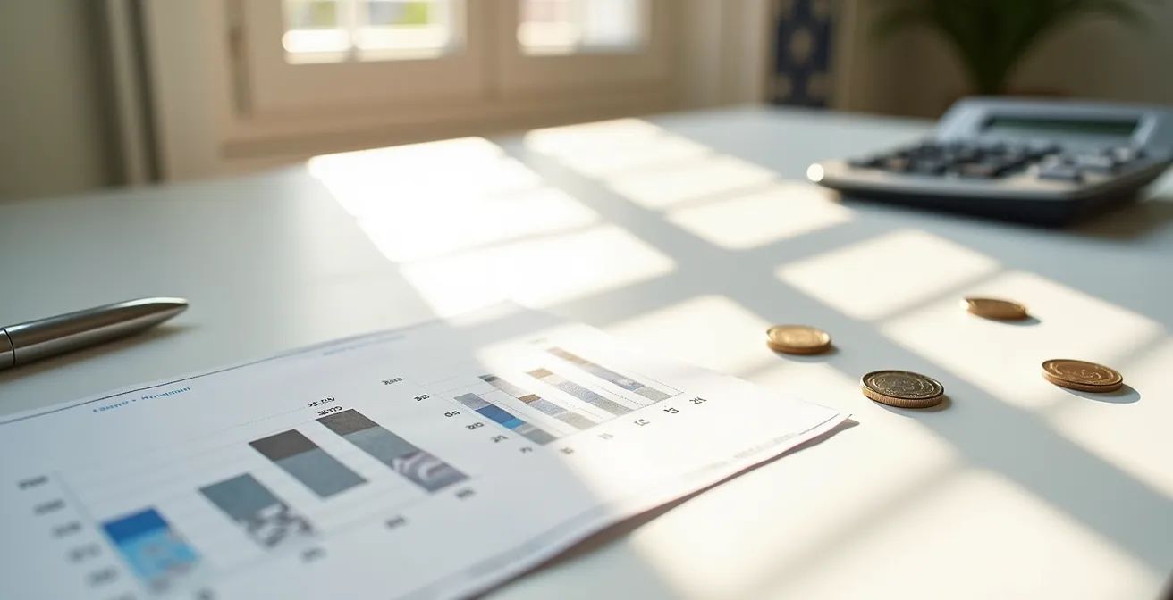Mesa con calculadora, documentos de seguro y gráficos comparativos de costes