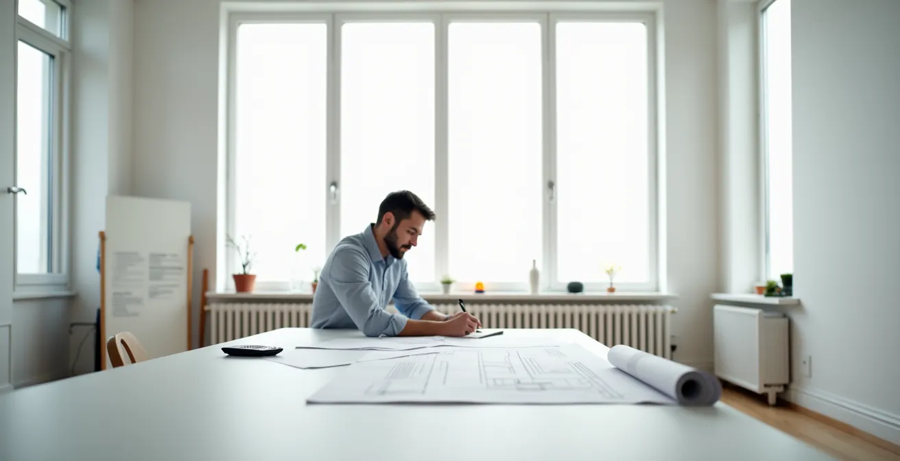 Arquitecto revisando planos y calculadora para determinar valor de reconstrucción