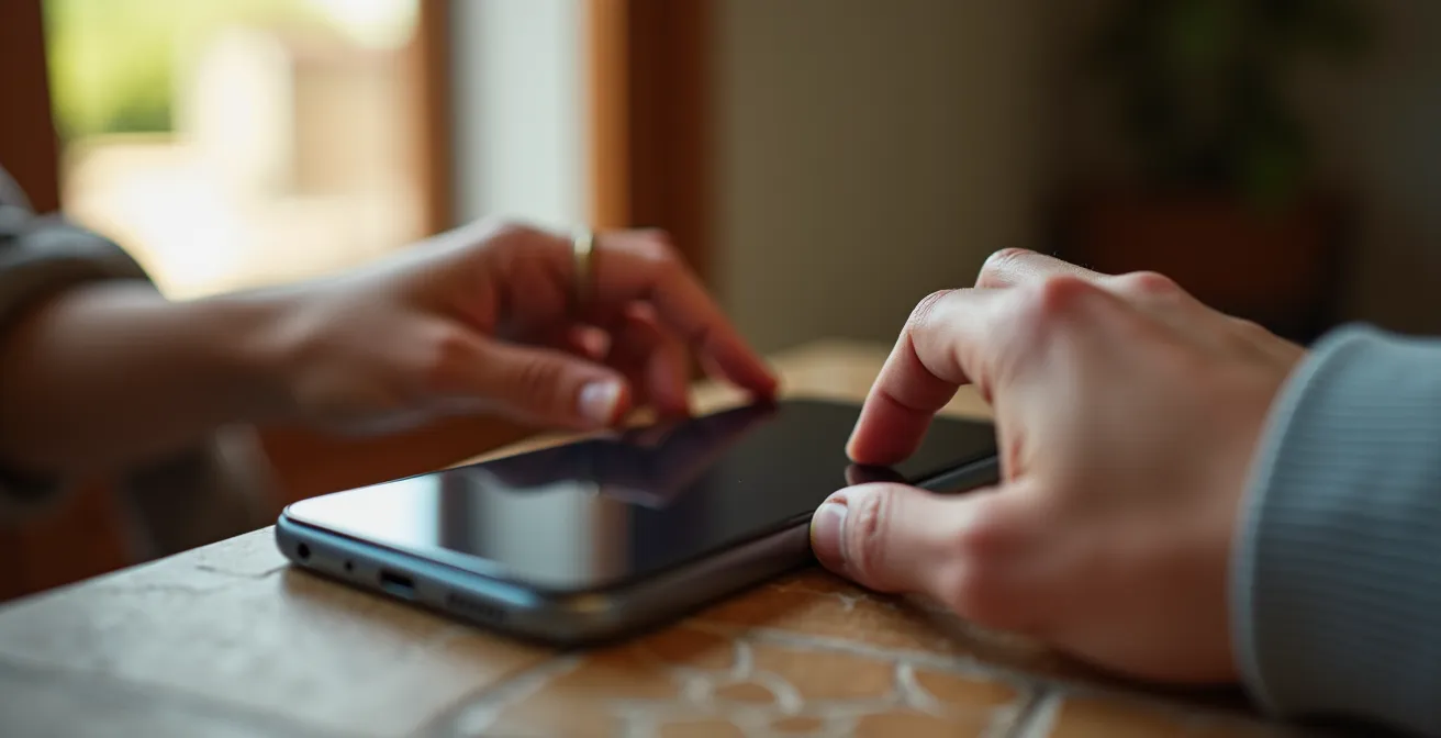 Mano sosteniendo un smartphone mientras realiza trámites administrativos digitales con una interfaz limpia.