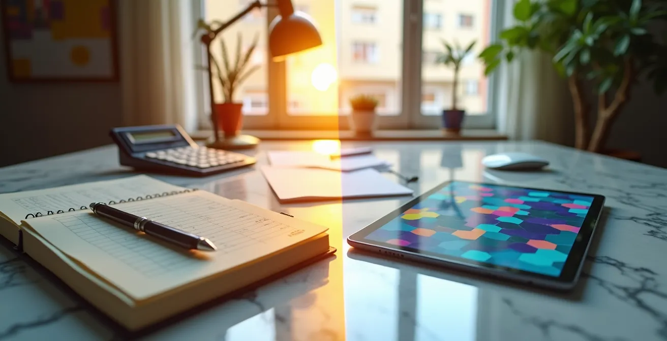 Vista dividida mostrando herramientas de gestión financiera con elementos abstractos