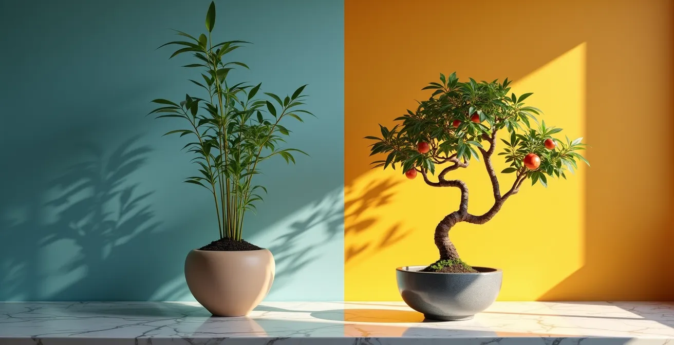 Comparación visual entre estrategias de ETF de acumulación y reparto mediante metáfora de crecimiento