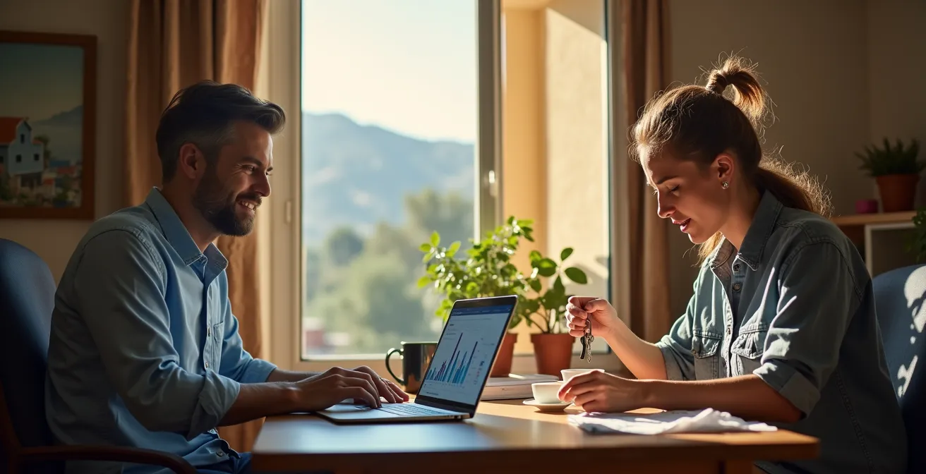 Composición dividida mostrando inversor relajado con portátil versus propietario estresado con llaves