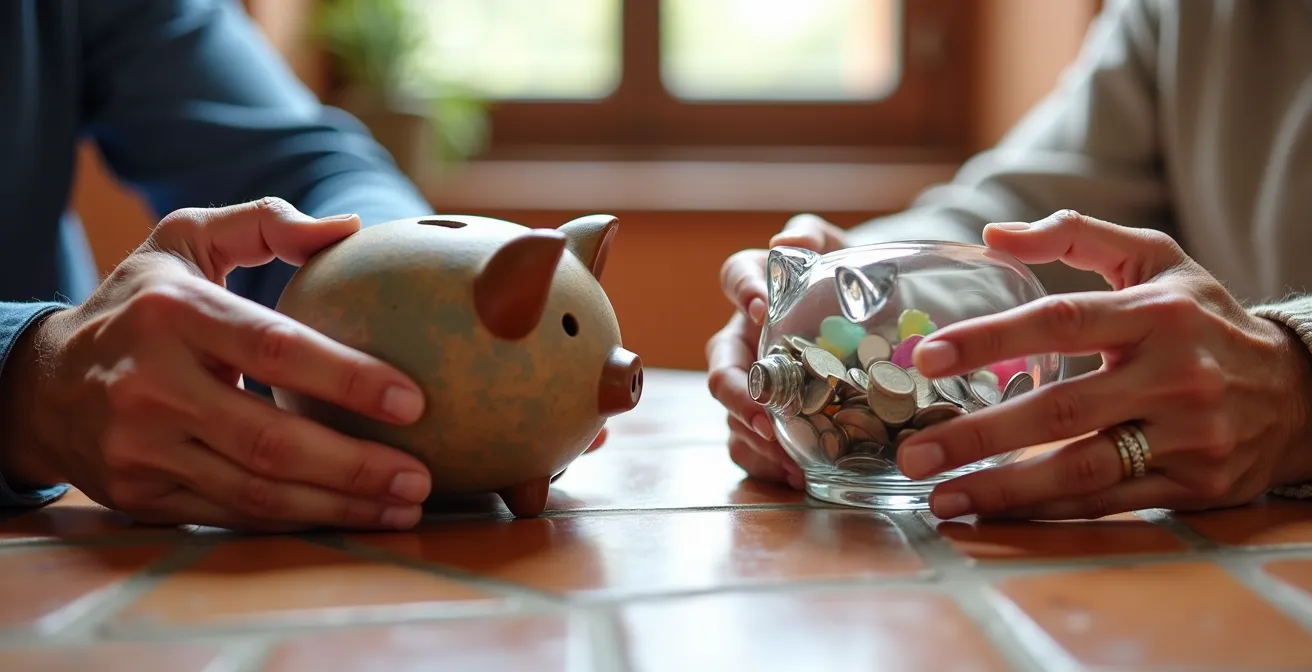 Dos alcancías contrastantes mostrando diferentes estrategias de ahorro para jubilación