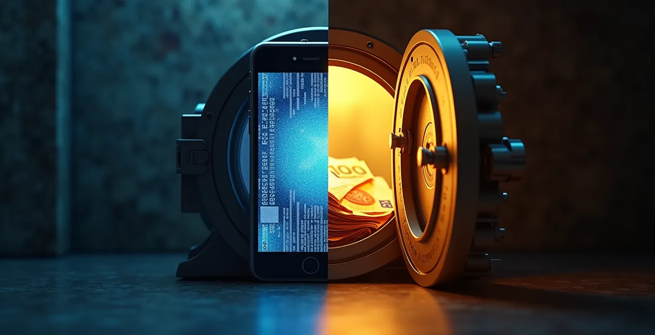 División visual entre banca digital y tradicional con elementos de seguridad