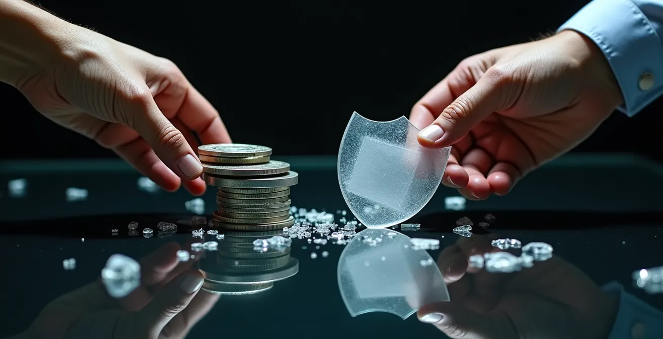 Representación visual de las consecuencias de falsear el test MiFID, mostrando un escudo protector roto.