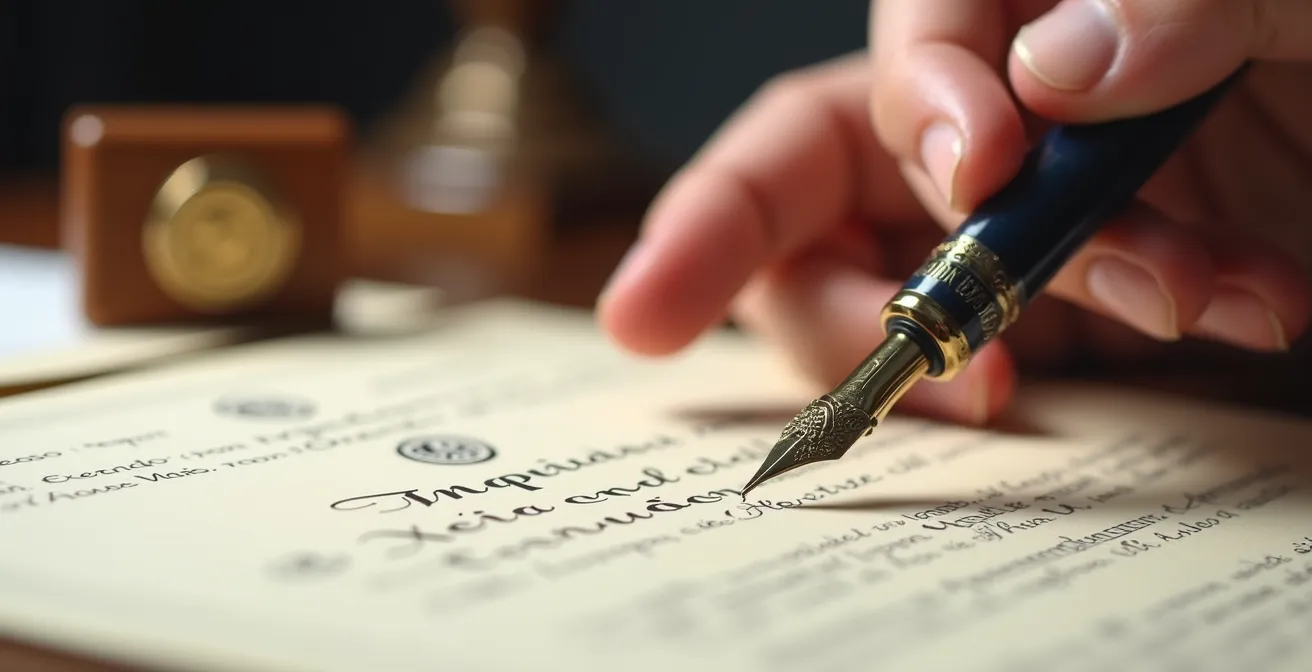 Manos firmando documento notarial de designación de beneficiarios con pluma estilográfica