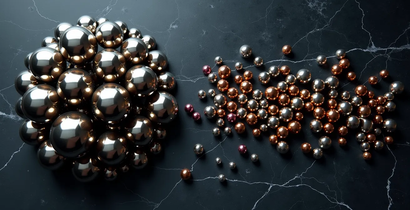 Comparación visual entre concentración del IBEX 35 y diversificación global del MSCI World mediante esferas metálicas de diferentes tamaños