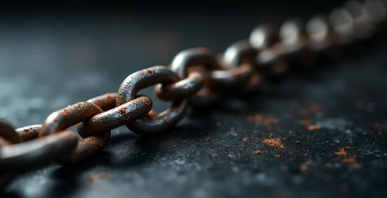 Representación visual del efecto ancla de la primera deuda, con un eslabón de cadena mucho más grande que los demás, simbolizando el crecimiento exponencial de la deuda.