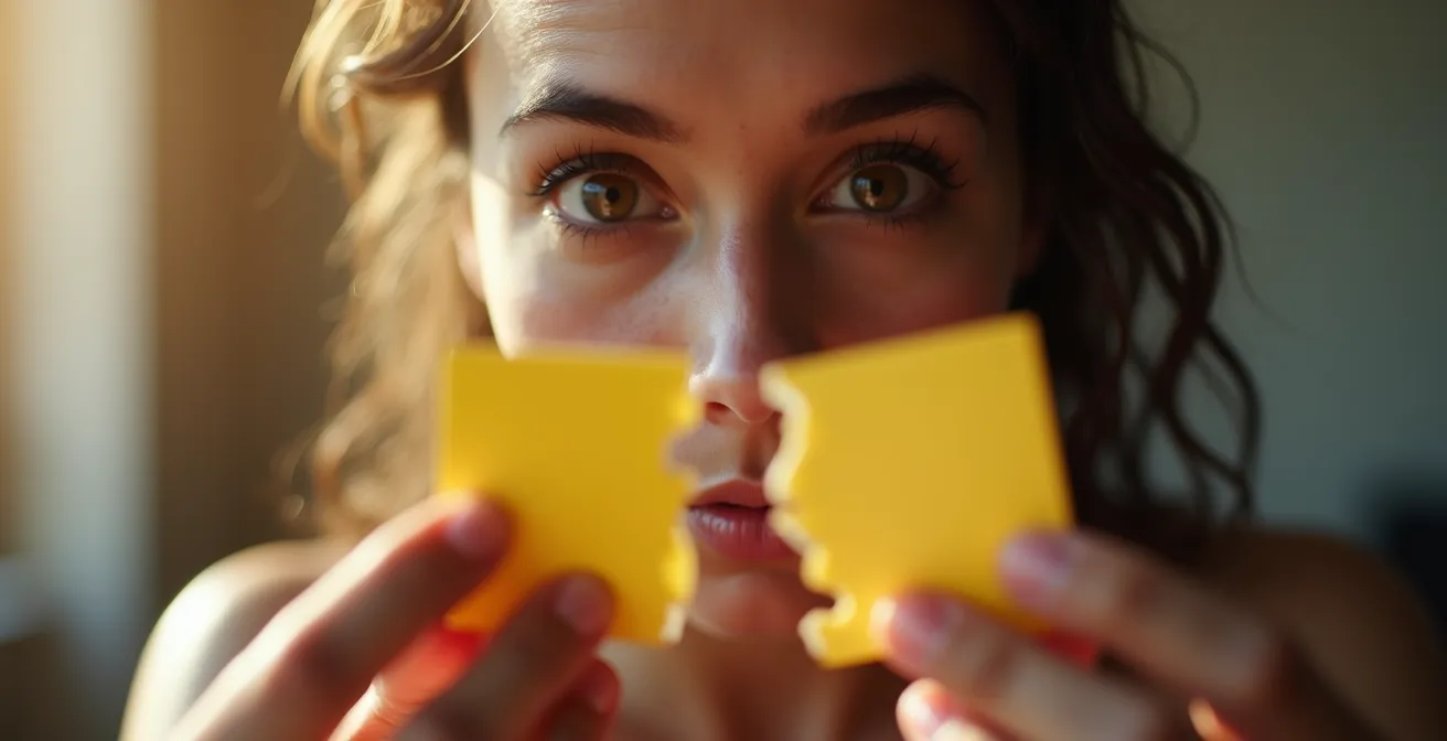 Primer plano de los ojos de una persona con expresión determinada, sosteniendo trozos de tarjetas de crédito rotas, simbolizando la estrategia y la esperanza para salir de la deuda.