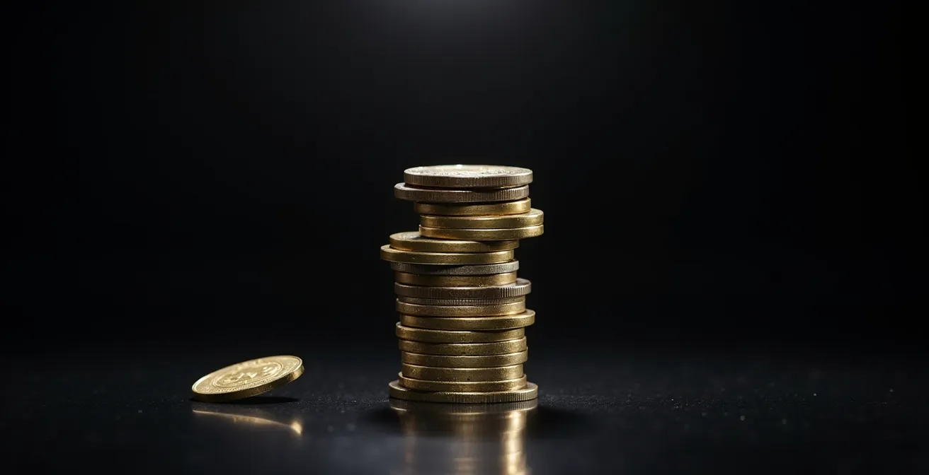 Torre de monedas en equilibrio precario con iluminación dramática simbolizando el riesgo financiero