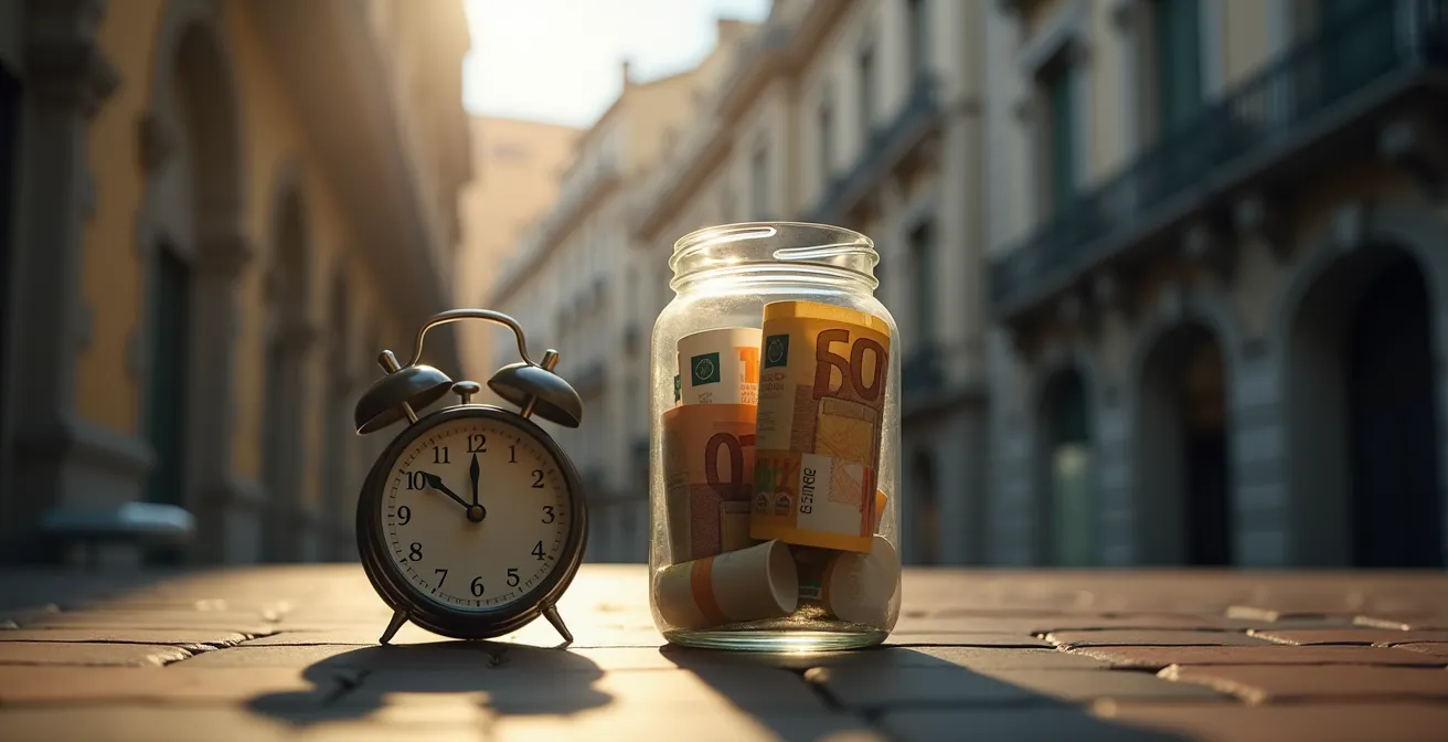 Calculadora mostrando cálculos de fondo de emergencia con documentos bancarios españoles