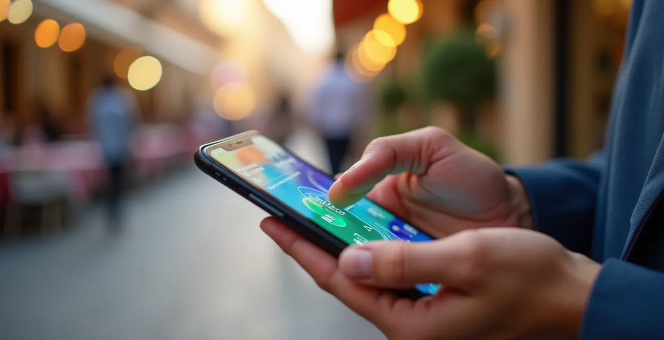 Manos sosteniendo smartphone con patrones abstractos de transferencias y pagos digitales