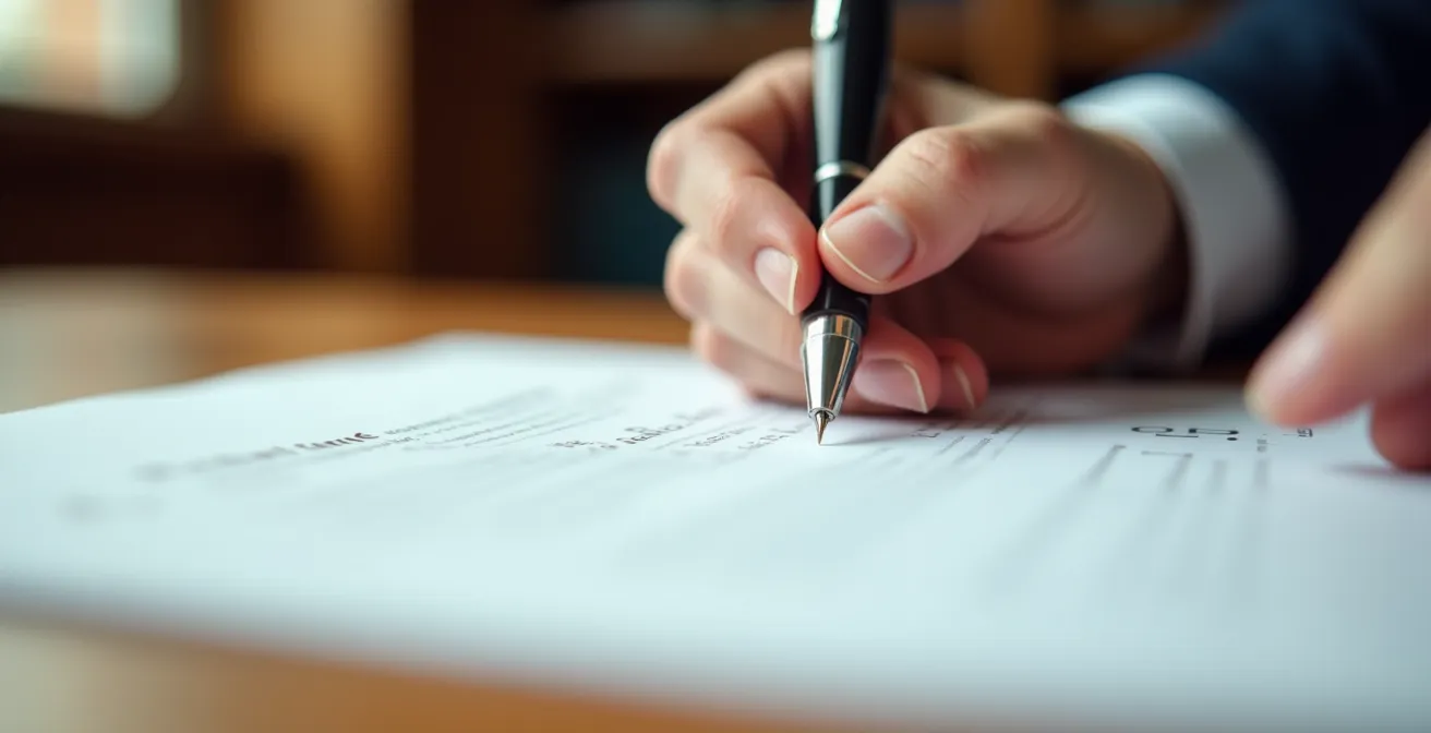 Primeros planos de manos firmando documentos oficiales en una mesa de madera con ambiente profesional
