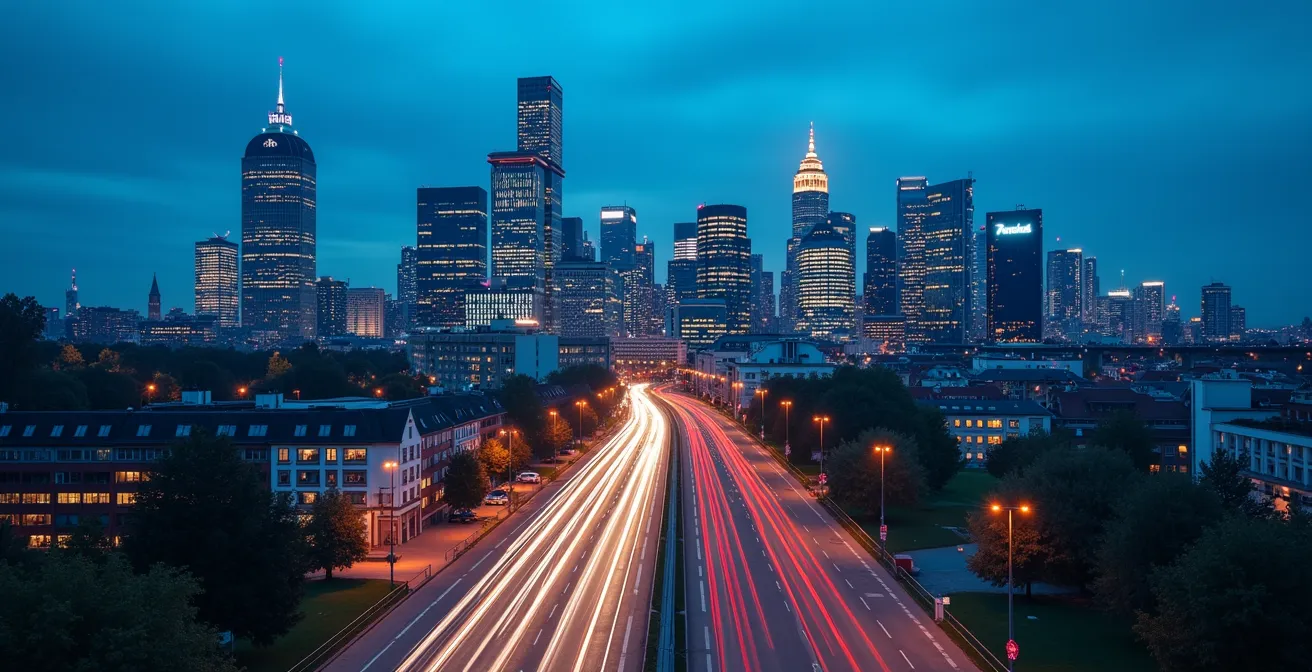 Vista aérea de distrito financiero europeo mostrando conectividad global de mercados