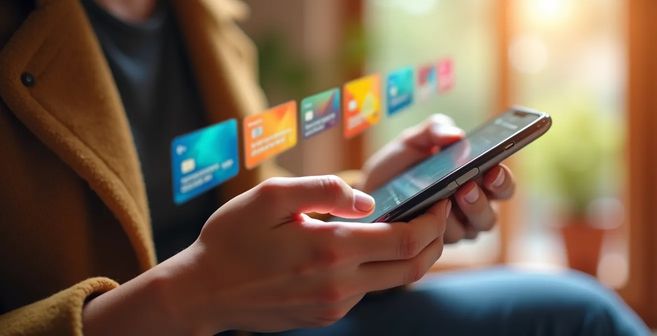 Múltiples tarjetas bancarias virtuales representando el sistema de sobres digital