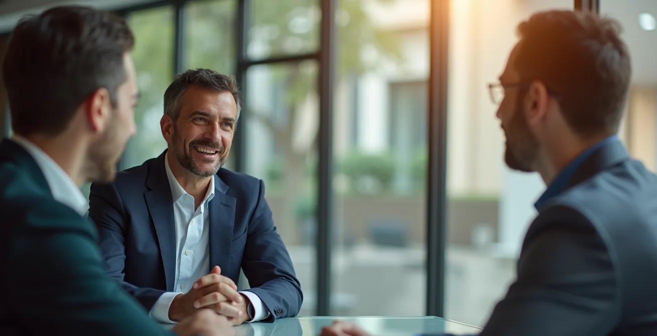 Escena de negociación hipotecaria profesional en oficina bancaria moderna