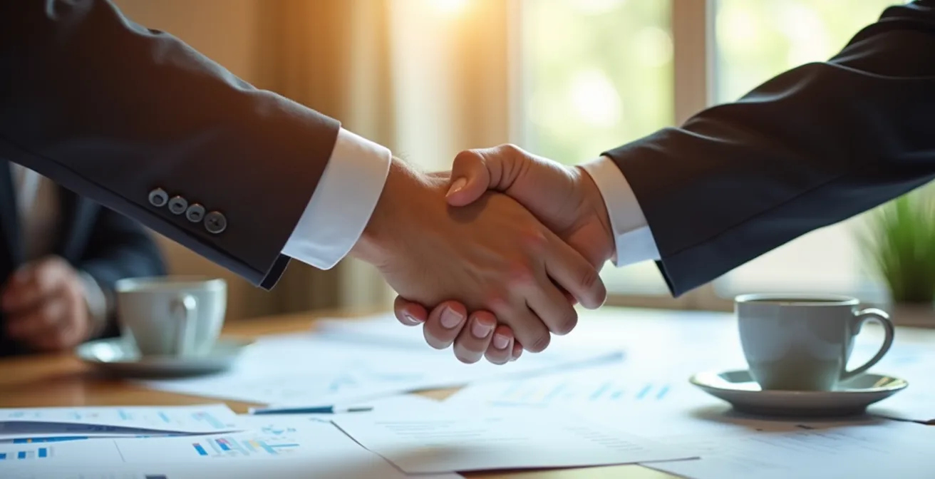 Primer plano de dos manos estrechándose sobre documentos financieros en mesa de reuniones