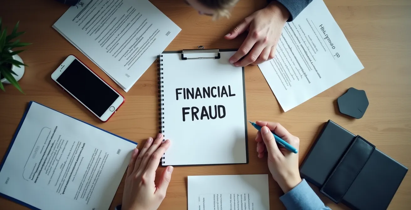 Vista cenital de un escritorio organizado para una respuesta de crisis, con una mano escribiendo notas, un teléfono boca abajo y documentos borrosos.