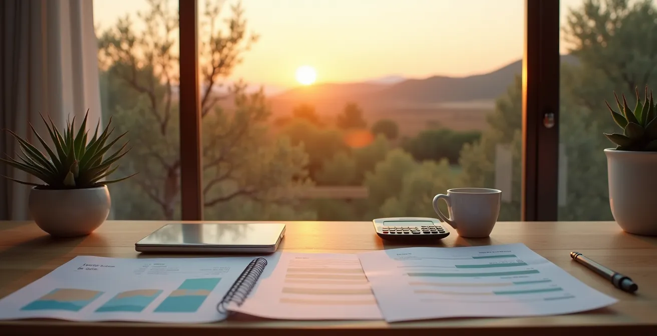Mesa de trabajo con calculadora, gráficos de inversión y vista a paisaje español rural