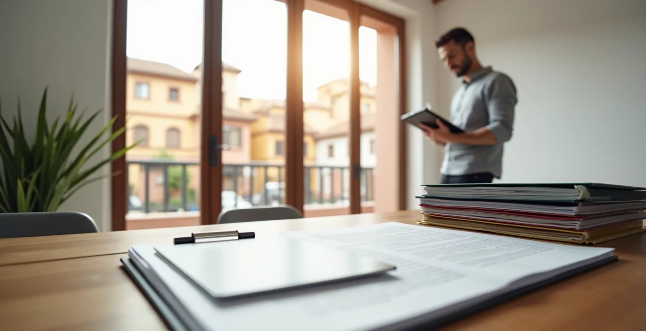 Interior luminoso de vivienda española con documentos ordenados sobre mesa y tasador tomando notas en segundo plano