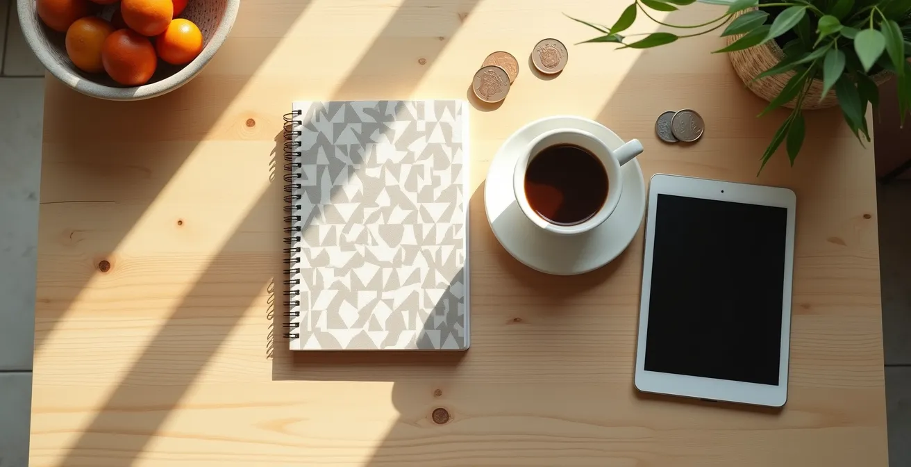 Vista cenital minimalista de escritorio con café y libreta de presupuestos sin texto visible