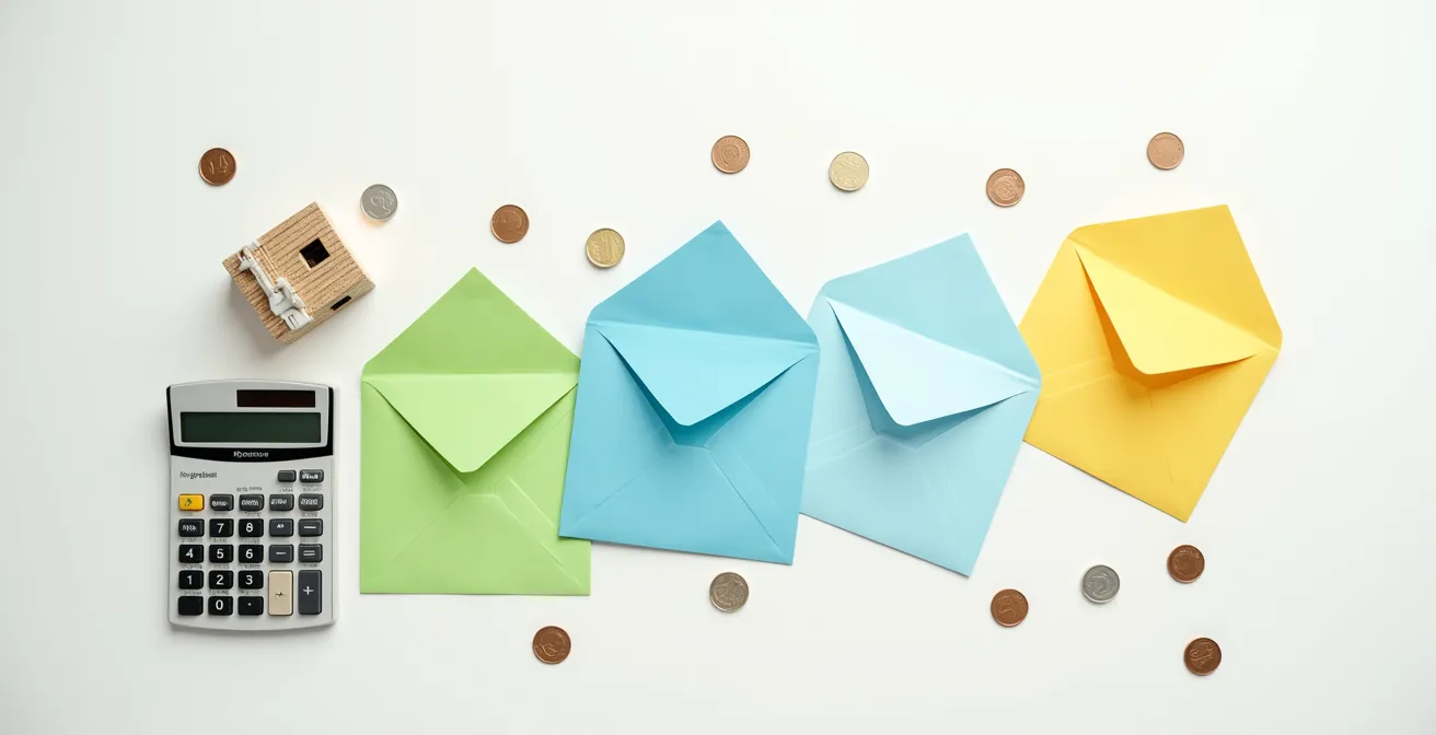 Vista cenital de mesa con sobres de colores y calculadora