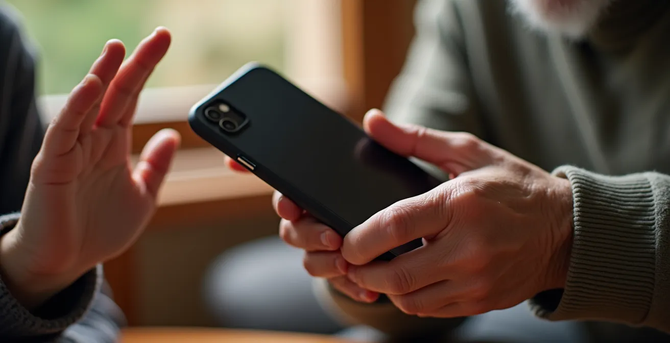 Manos de una persona mayor sosteniendo un smartphone, mientras una mano más joven hace un gesto de 'alto', simbolizando la protección intergeneracional contra el fraude digital.