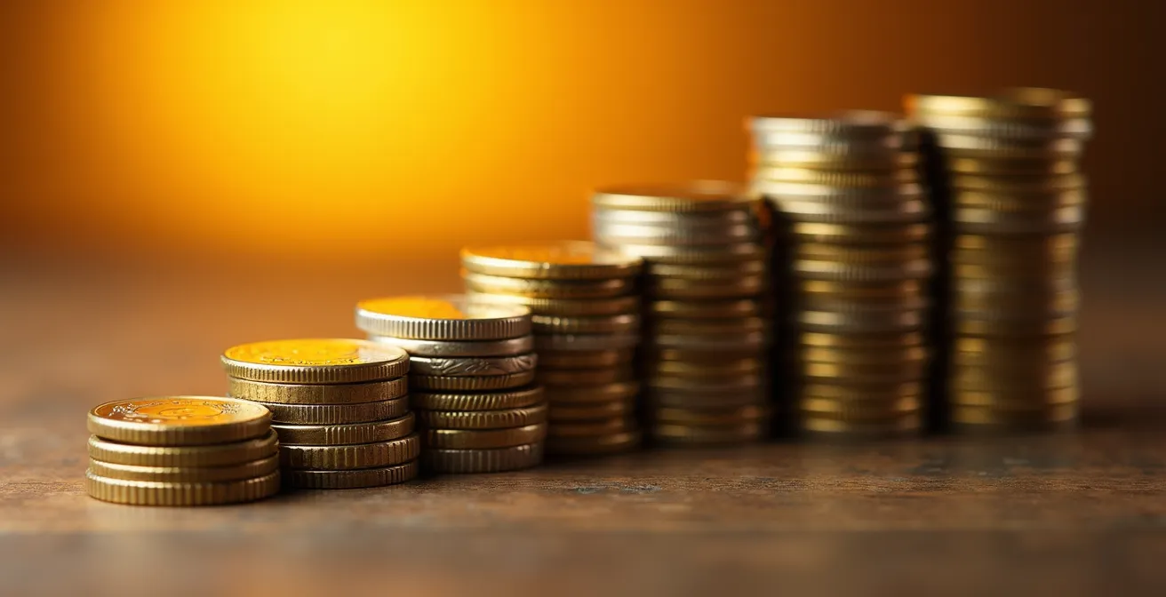 Monedas apiladas creciendo progresivamente simbolizando ahorro a largo plazo