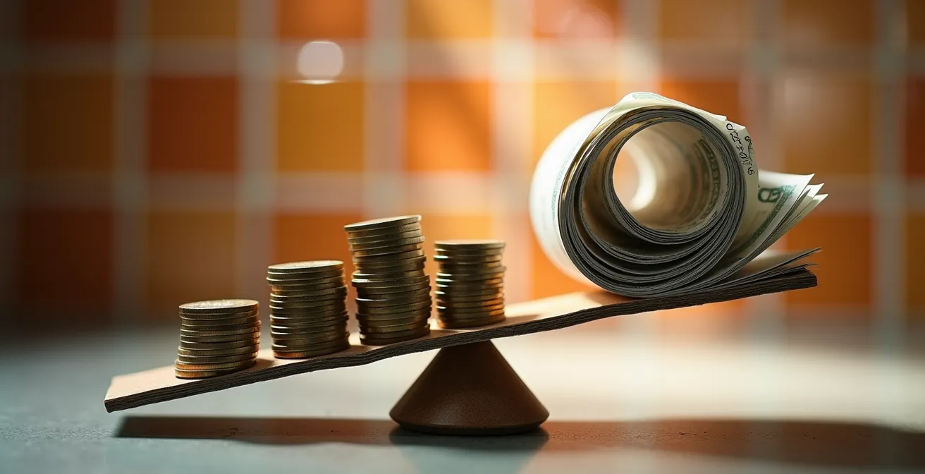 Una balanza inclinada peligrosamente por el peso de documentos de deuda frente a unas pocas monedas, simbolizando el riesgo de un ratio de endeudamiento superior al 35%.