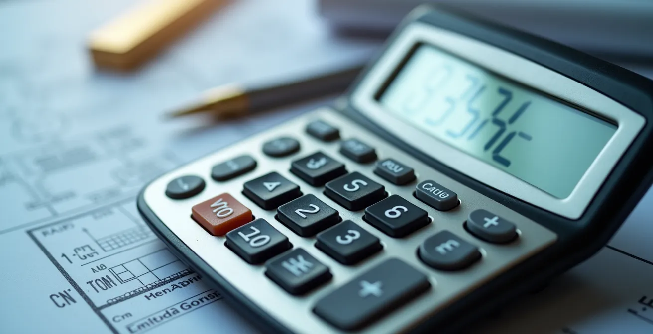 Calculadora profesional mostrando cálculos de proporción junto a documentos de póliza de seguro difuminados