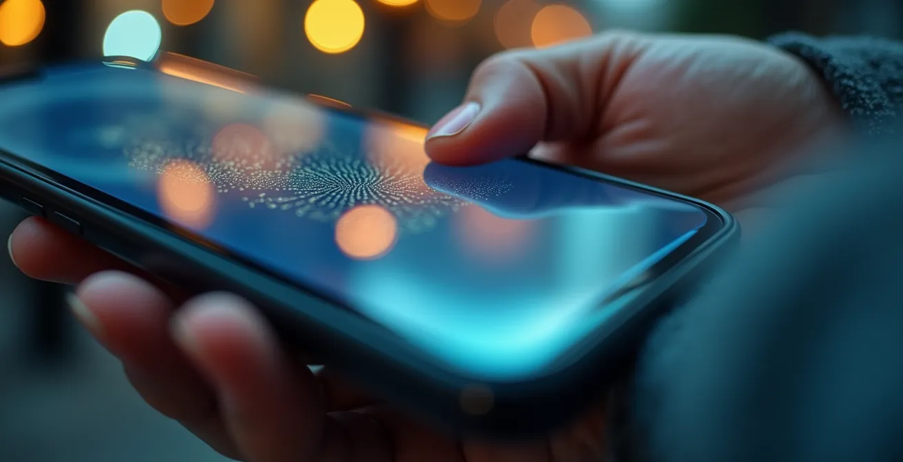 Primer plano de una mano sosteniendo un smartphone, con la pantalla mostrando reflejos de luz abstractos, simbolizando la seguridad y la privacidad en la banca móvil.