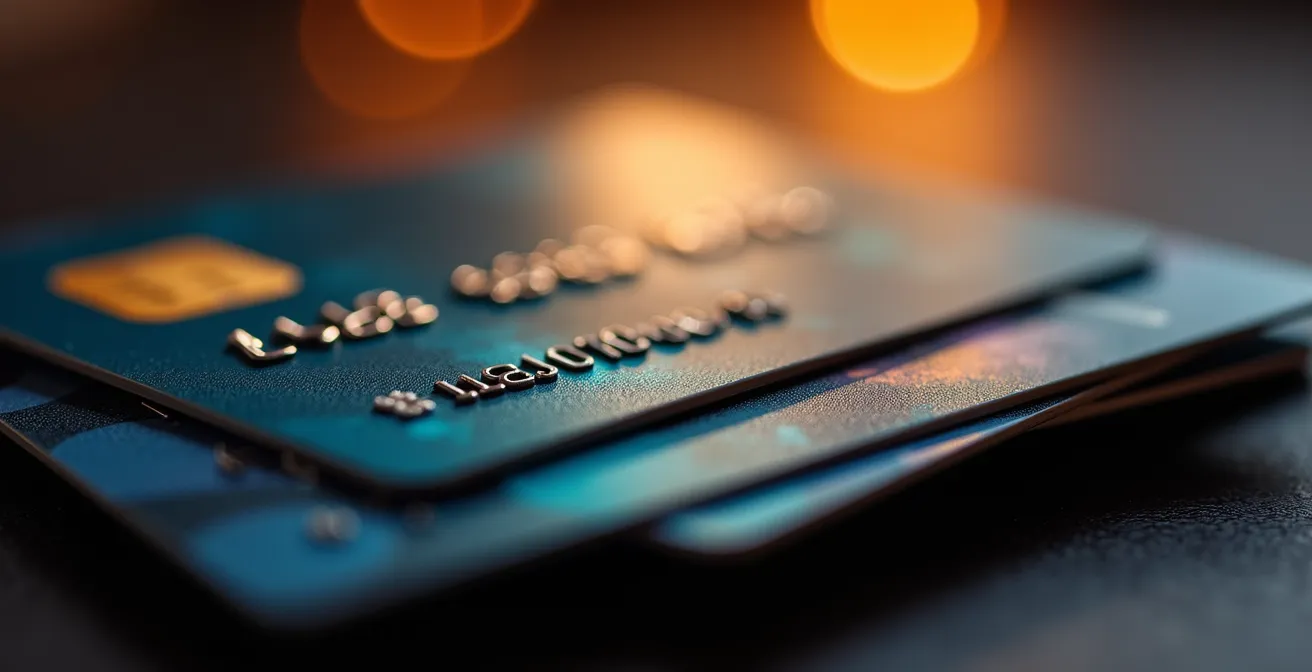 Vista macro de múltiples tarjetas de crédito apiladas con logos de servicios difuminados