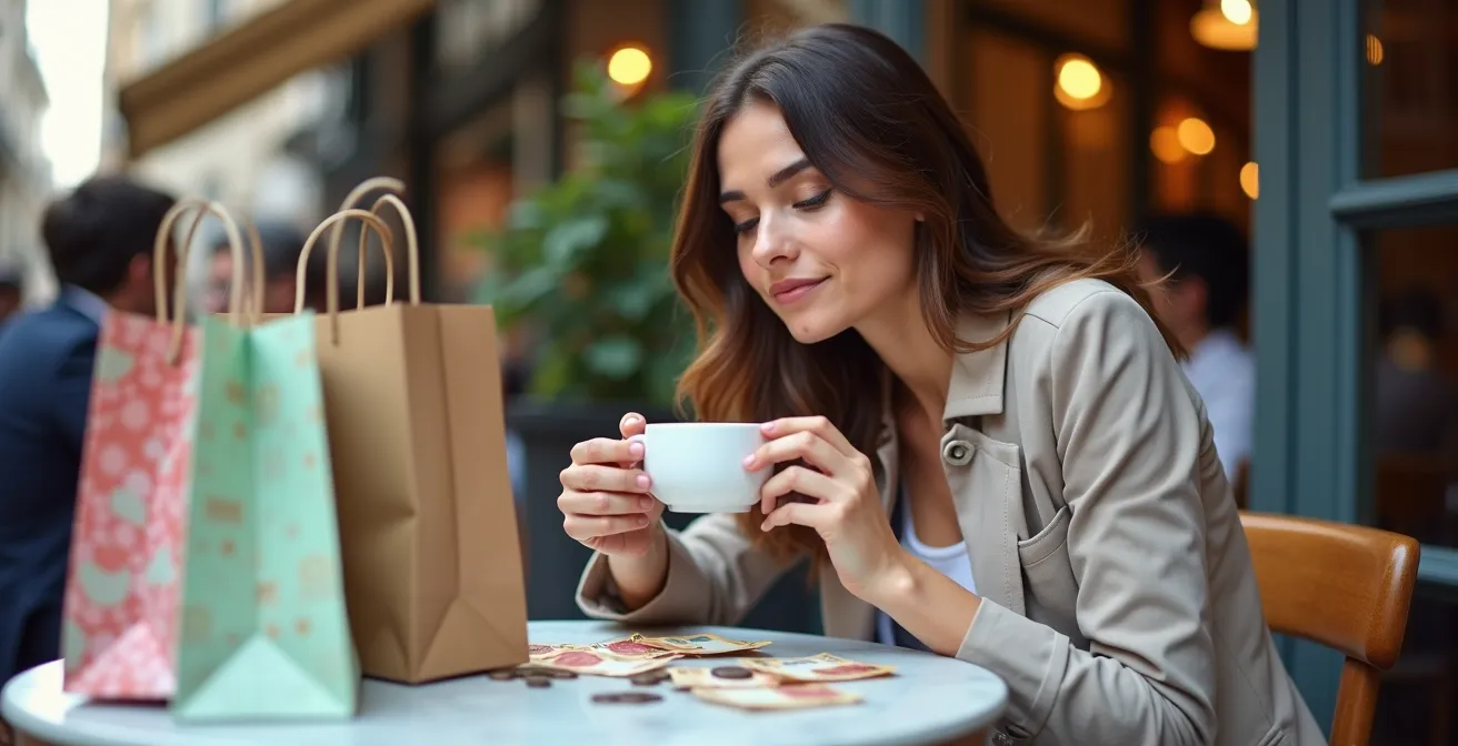 Persona joven revisando facturas con calculadora en mesa de café